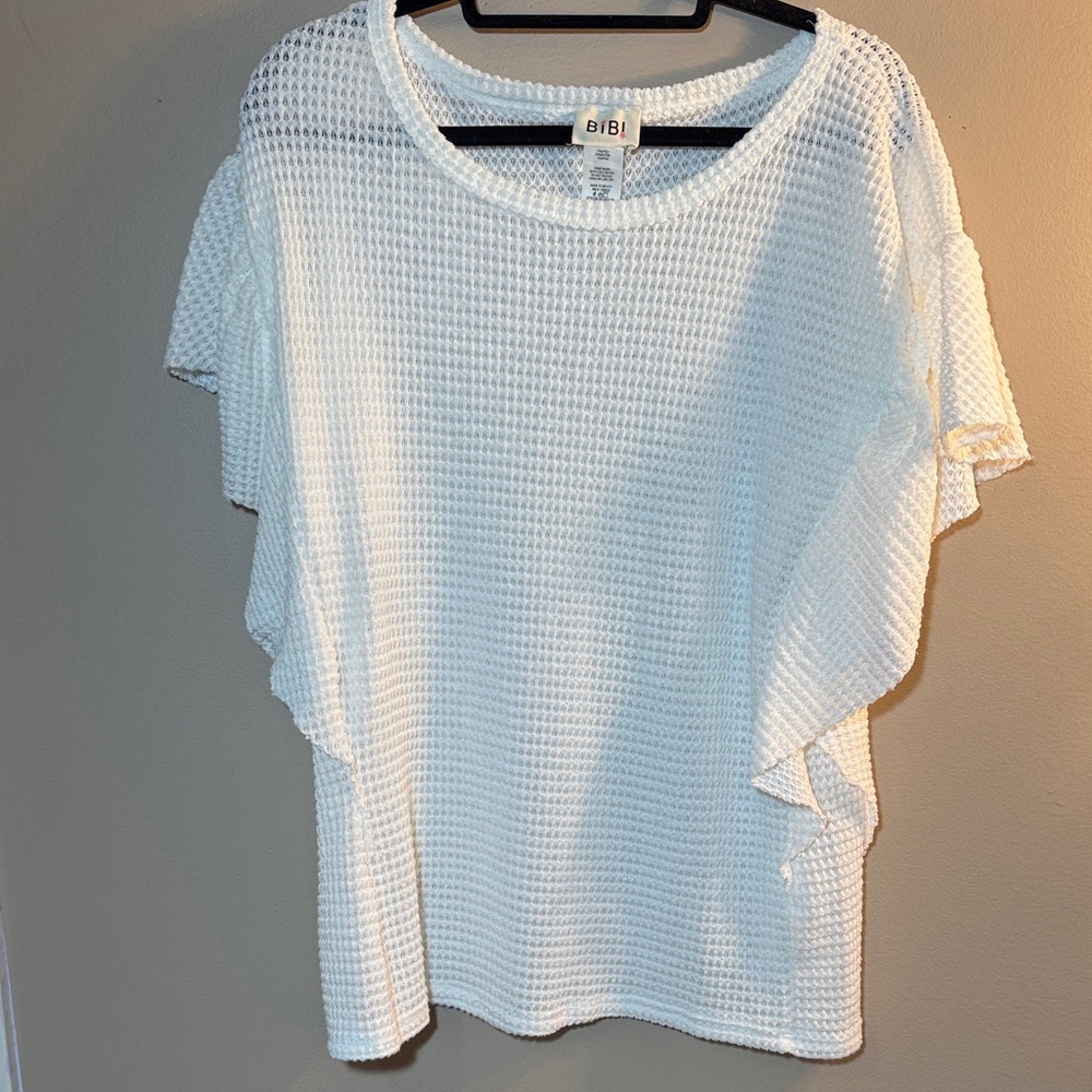 BiBi Short Sleeve White Waffle Knit Tee with Ruffle Design